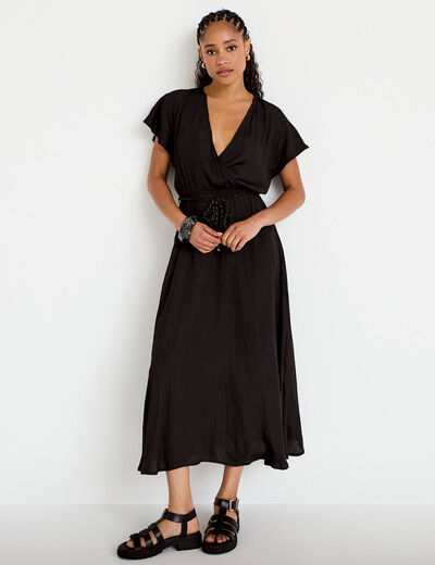 Robe longue &eacute;vas&eacute;e col v satin&eacute;e noir femme