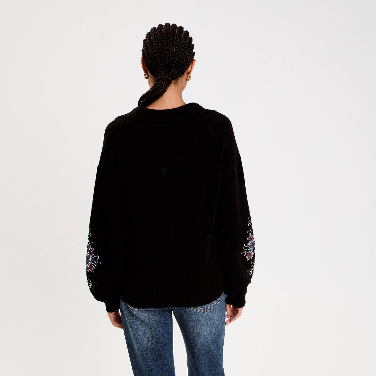 Pull brod&eacute; manches longues noir femme