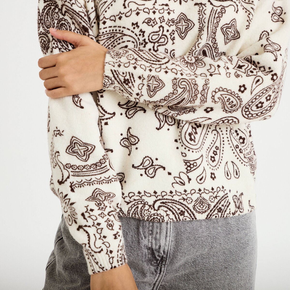 Pull col rond manches longues ecru femme