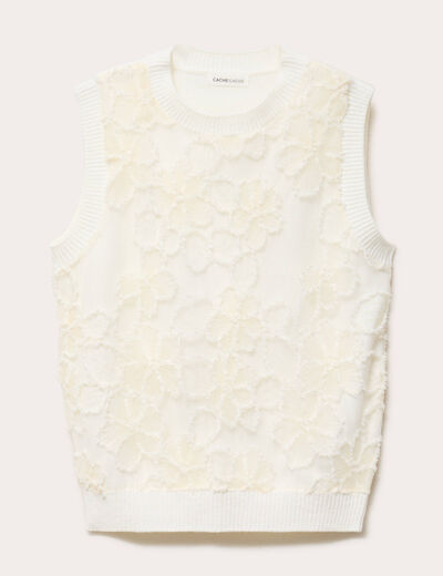 Pull sans manches &agrave; motif floral ecru femme