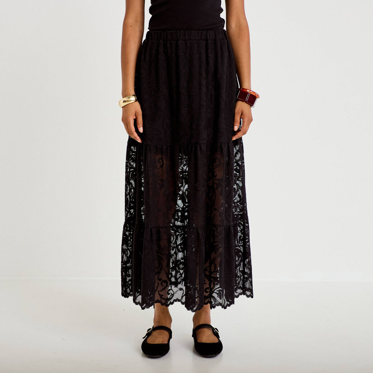 Jupe &eacute;vas&eacute;e longueur 3/4 dentelle noir femme