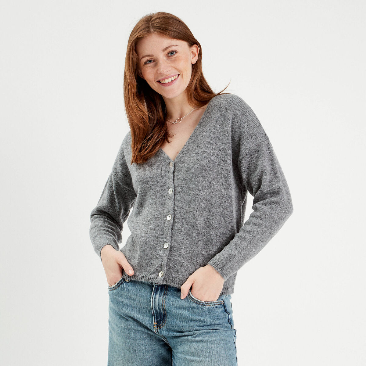 Gilet boutonn&eacute; avec col en V gris fonc&eacute; femme