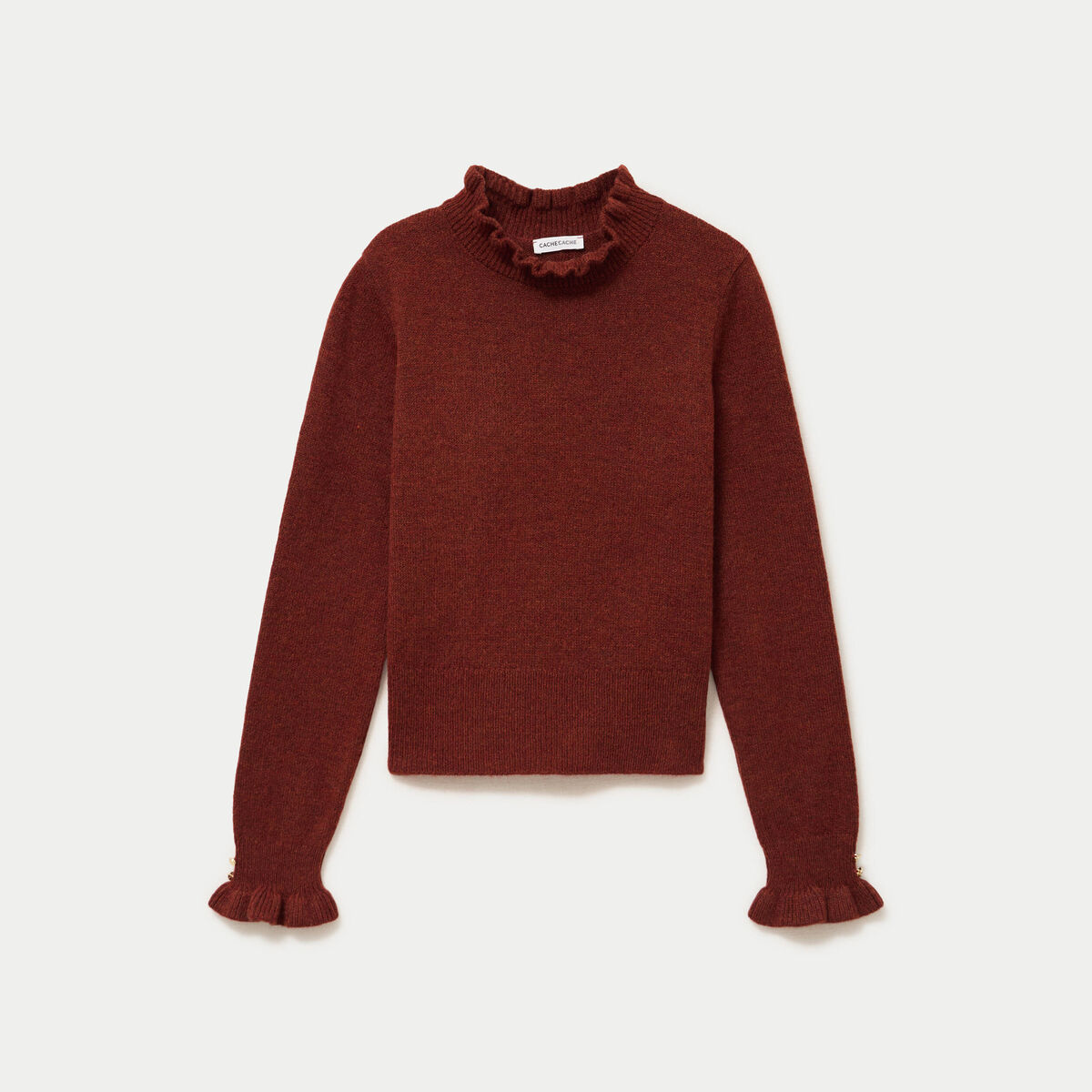 Pull ajust&eacute; col montant manches longues marron cognac femme