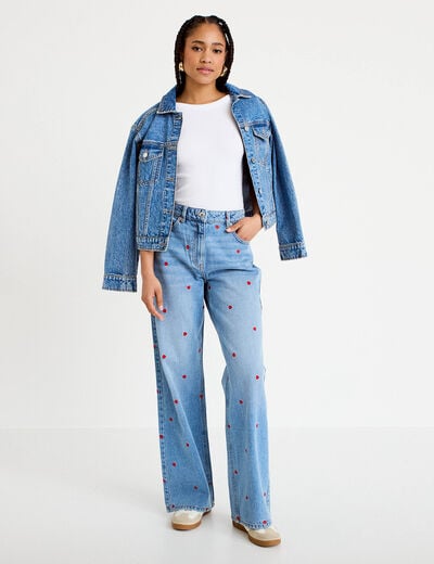 Jean wide leg taille haute brod&eacute; denim double stone femme