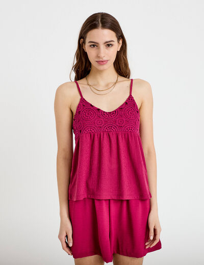 D&eacute;bardeur bi-mati&egrave;re macram&eacute; rouge femme