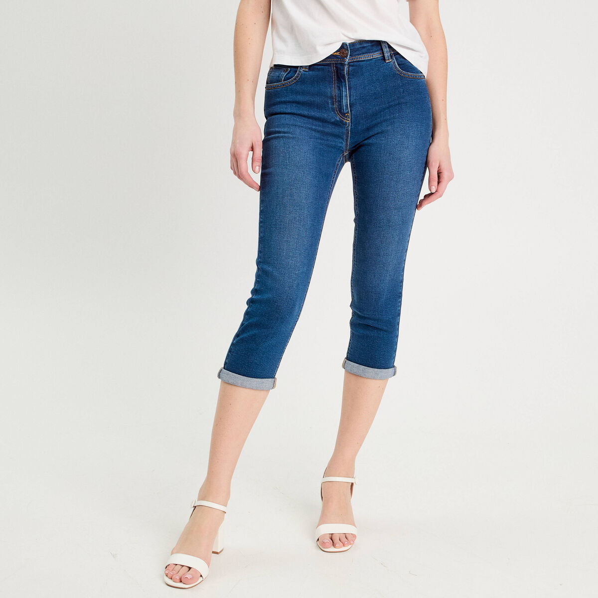 Pantacourt slim en jean denim stone femme