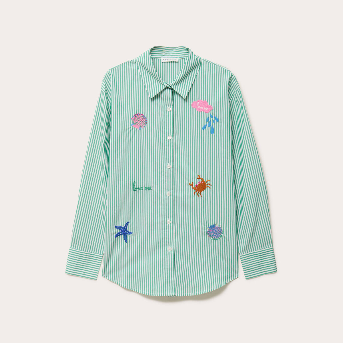 Chemise ray&eacute;e broderies fantaisie vert clair femme