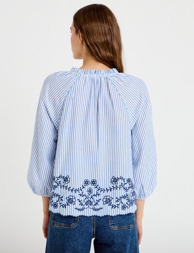 Blouse col v manches 3/4 brod&eacute;e bleu marine femme