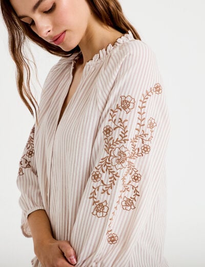 Blouse col v broderie manches 3/4 sable femme