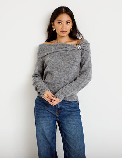 Pull col bardot manches longues gris femme