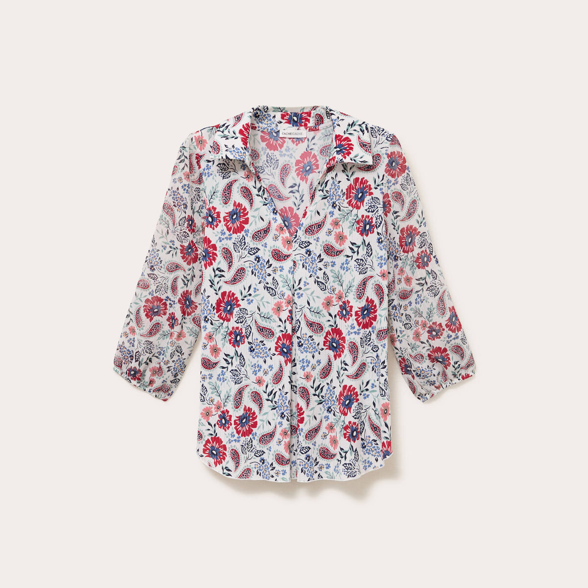 Blouse col v manches longues en voile ecru femme