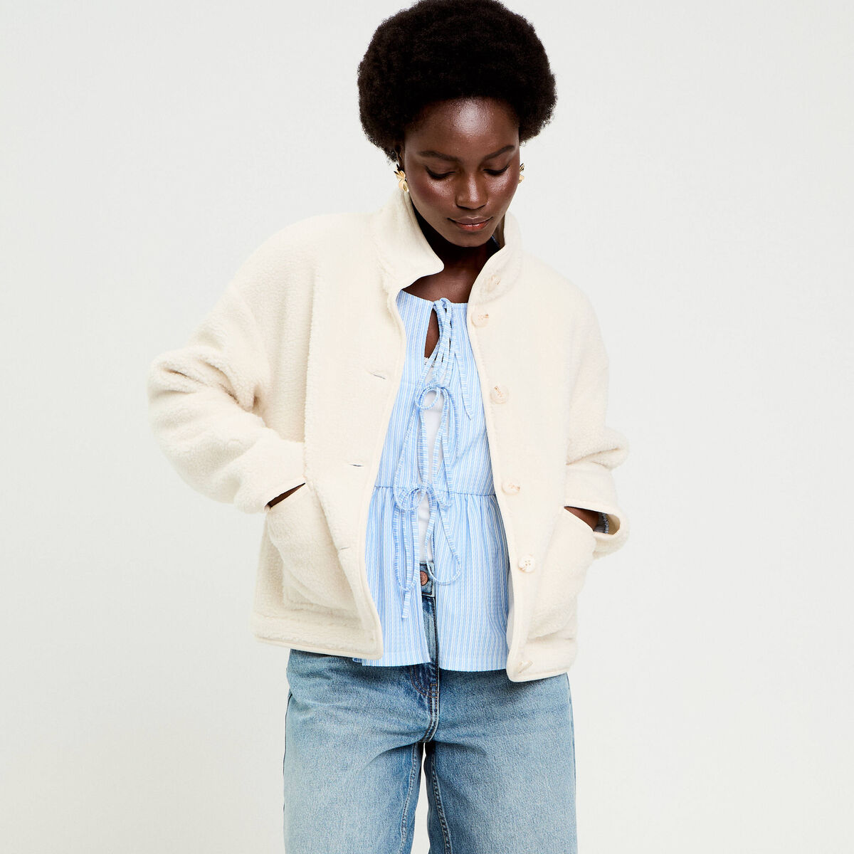 Veste droite courte effet polaire ecru femme