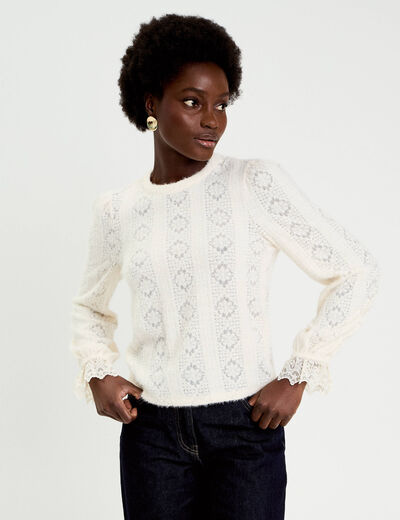 Top dentelle manches longues col rond ivoire femme
