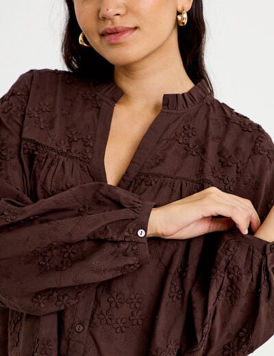 Blouse droite col rond manches longues marron fonc&eacute; femme