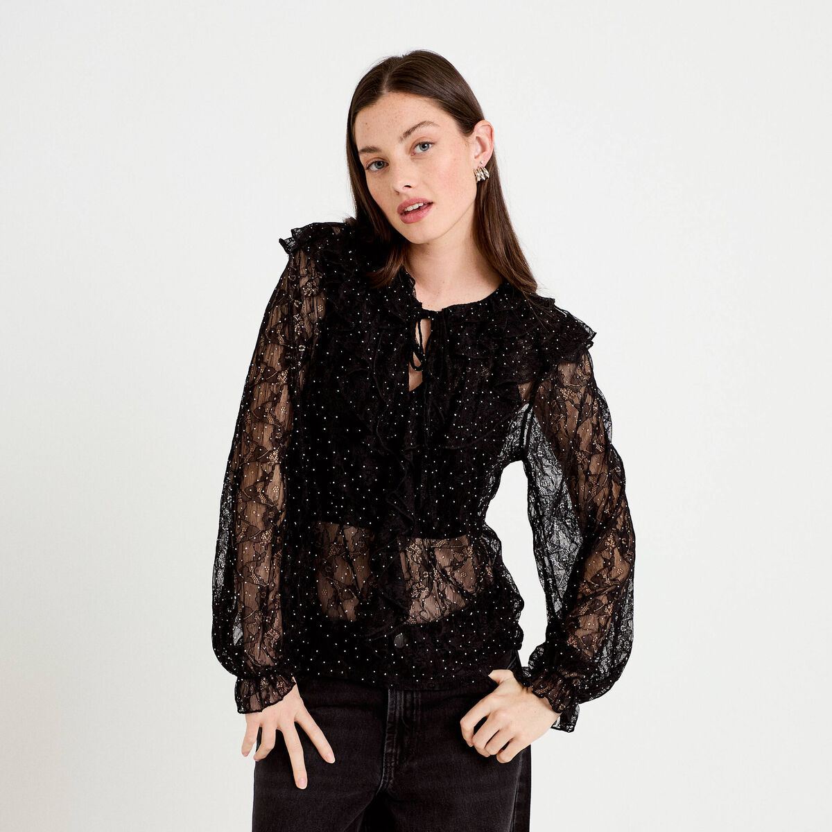 Blouse dentelle manches longues noir femme