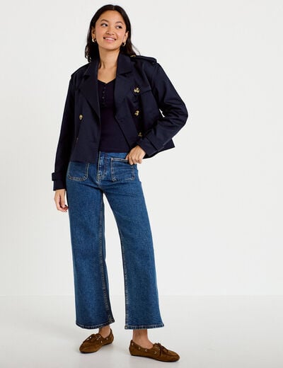 Trench droit court col tailleur bleu marine femme