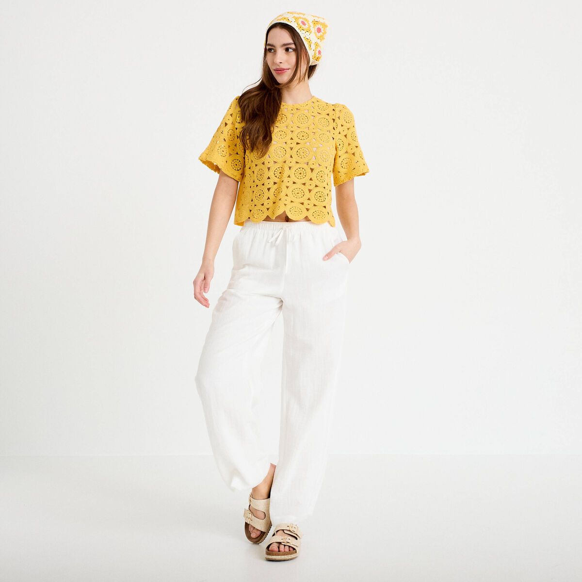 T-shirt macram&eacute; col rond jaune femme