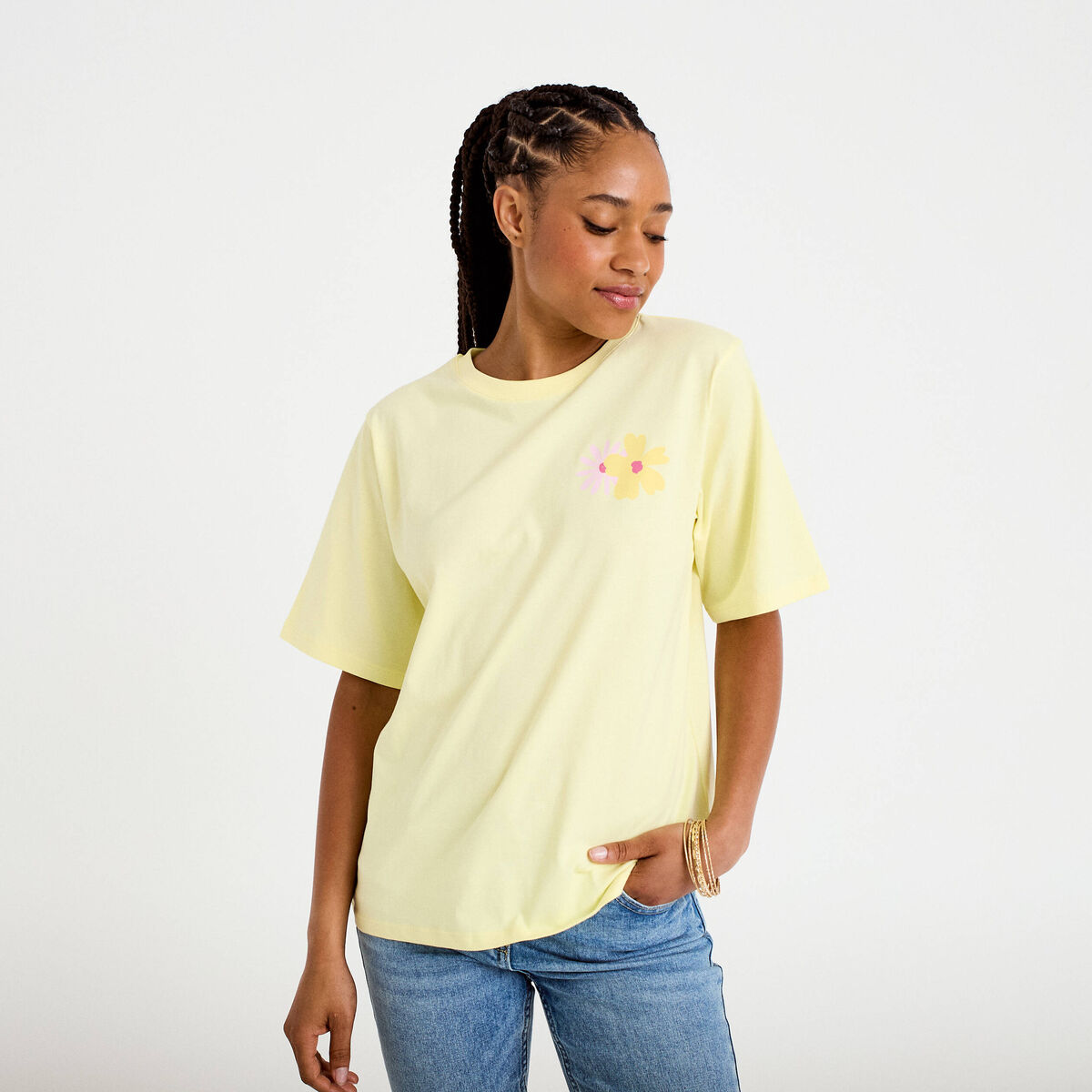 T-shirt col rond manches courtes jaune clair femme