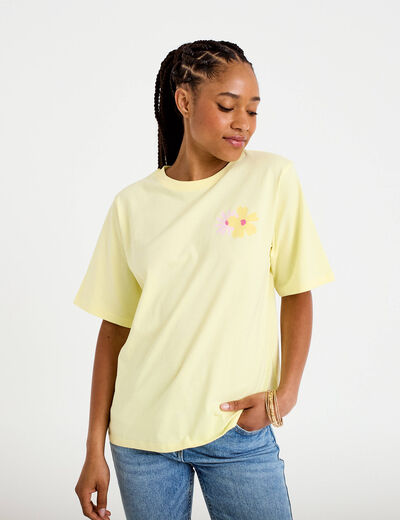 T-shirt col rond manches courtes jaune clair femme