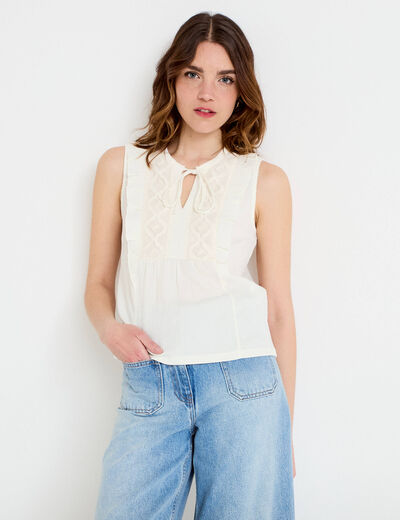 Blouse sans manches col v ecru femme