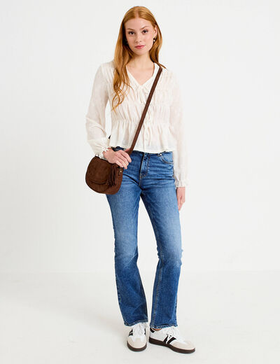 Blouse ajust&eacute;e col v dentelle pliss&eacute;e ecru femme