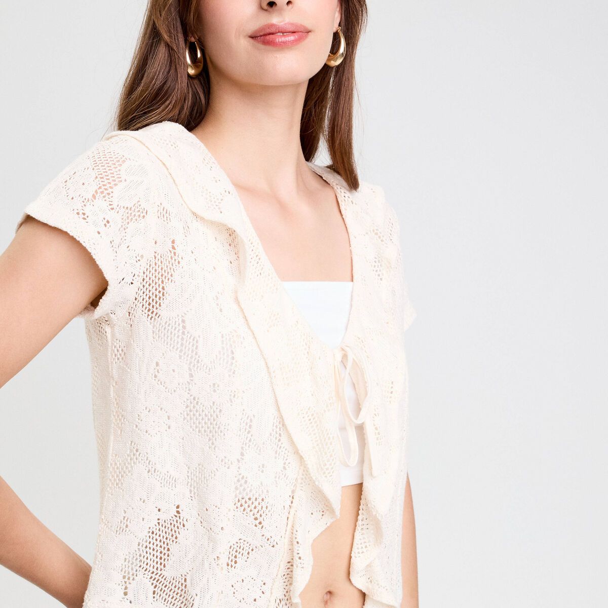 Blouse ajour&eacute;e d&eacute;collet&eacute; manches courtes ecru femme