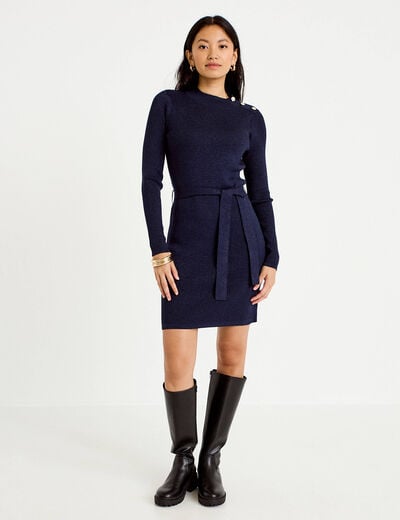 Robe pull ajust&eacute;e manches longues bleu marine femme