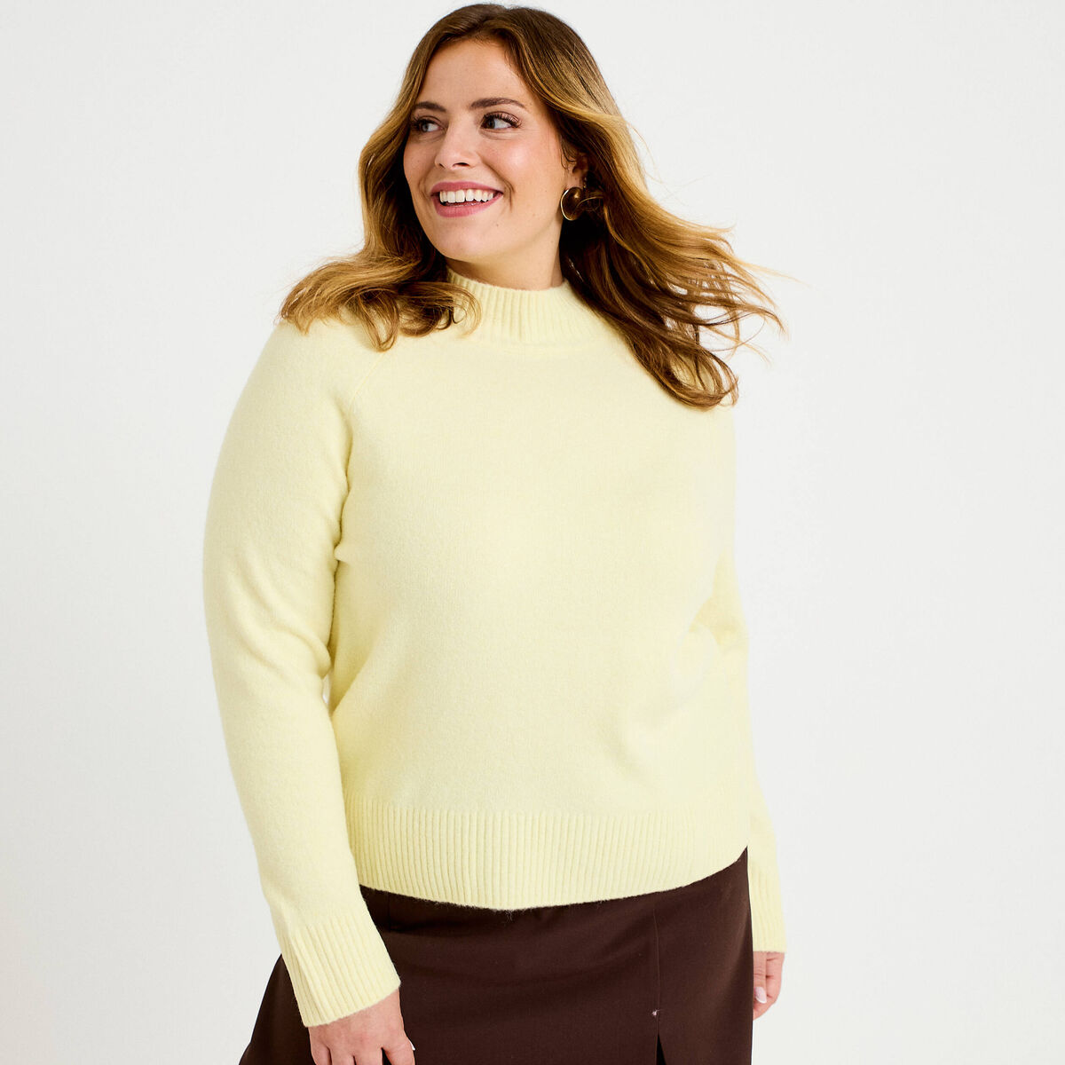 Pull col montant manches longues jaune clair femme