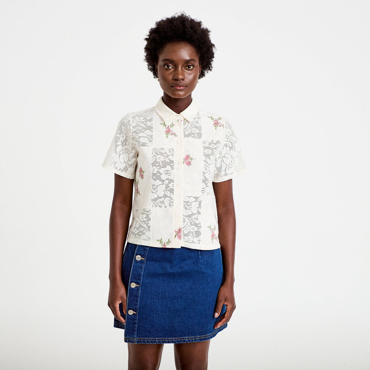 Chemise col chemise manches courtes ecru femme