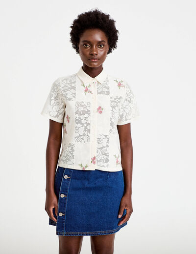 Chemise col chemise manches courtes ecru femme