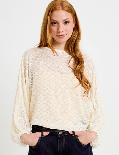 Blouse dentelle col rond manches longues ecru femme