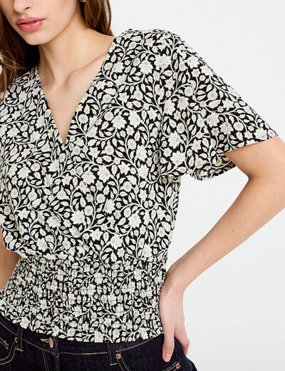Blouse cintr&eacute;e cropped manches courtes noir femme