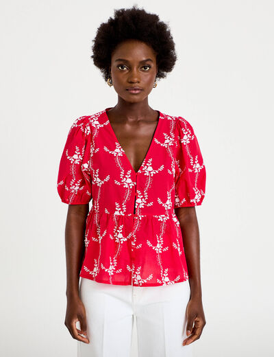 Blouse col v manches courtes brod&eacute;e rouge femme