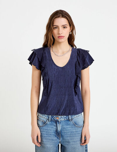 Blouse col v manches courtes dentelle bleu marine femme