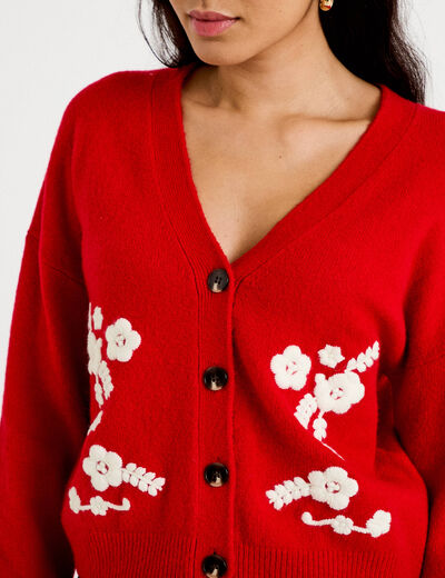 Gilet brod&eacute; col v manches longues rouge femme