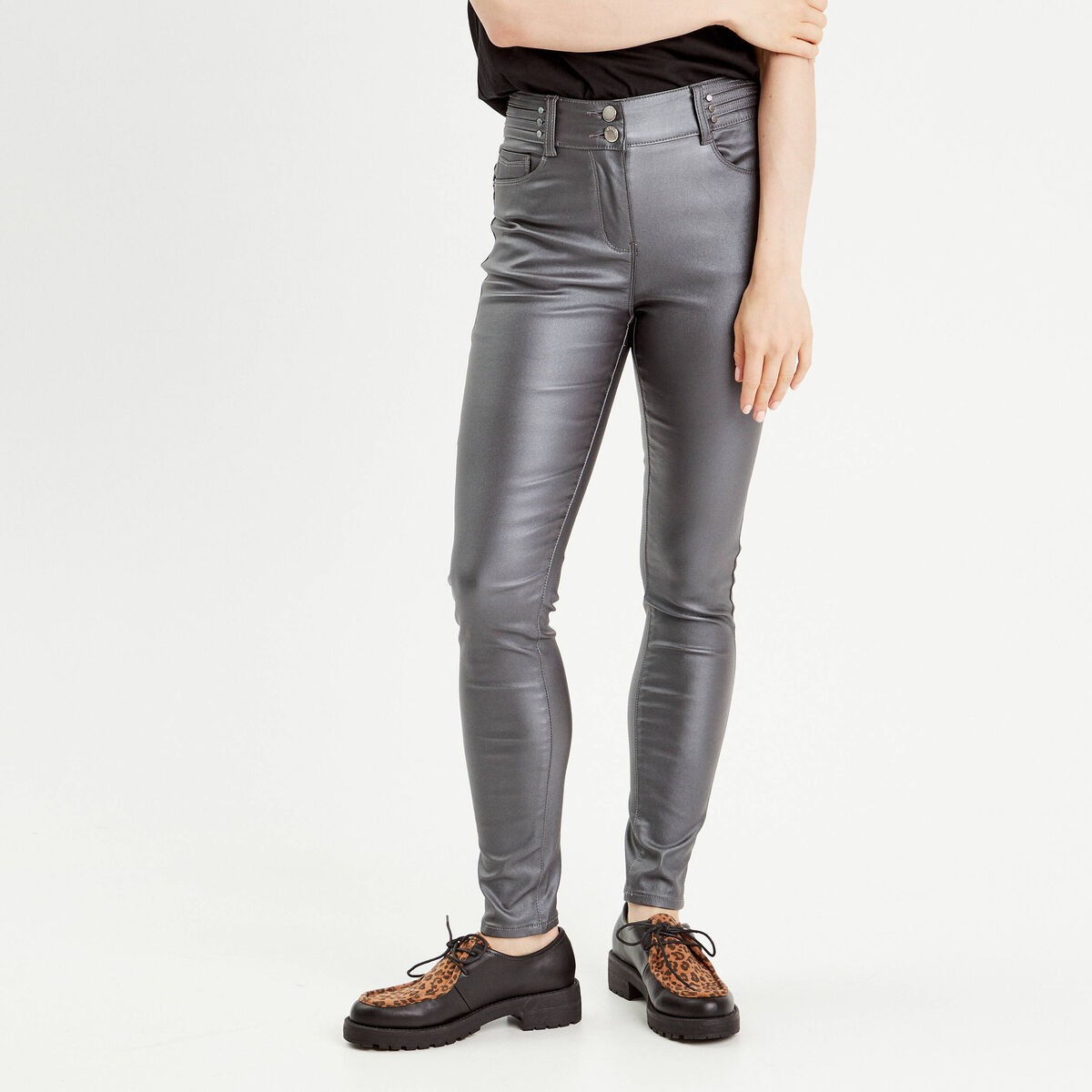 Pantalon skinny enduit gris fonc&eacute; femme