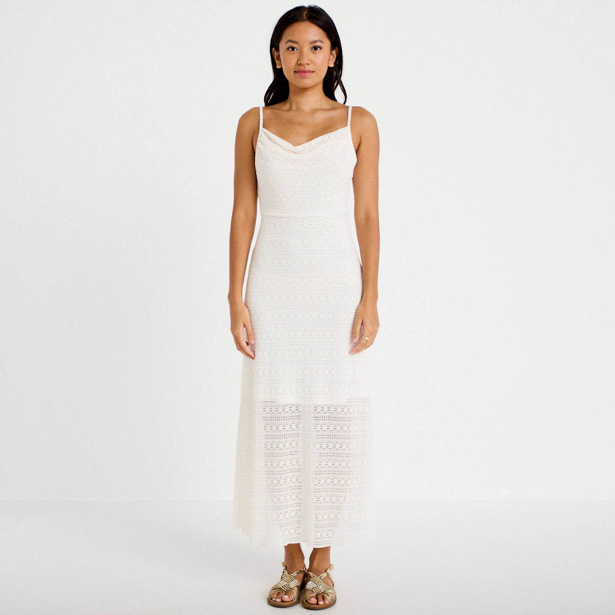 Robe longue droite col b&eacute;nitier dentelle ecru femme