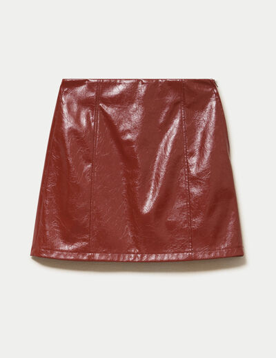 Jupe droite courte en similicuir marron cognac femme