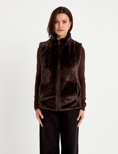 Veste courte ajust&eacute;e sans manches marron fonc&eacute; femme