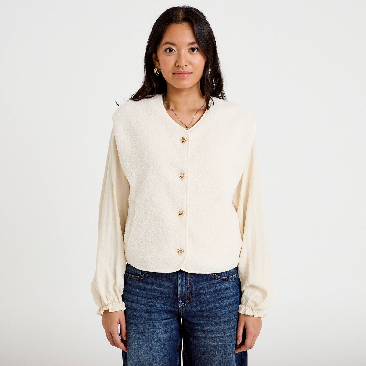 Gilet sans manches effet polaire ecru femme
