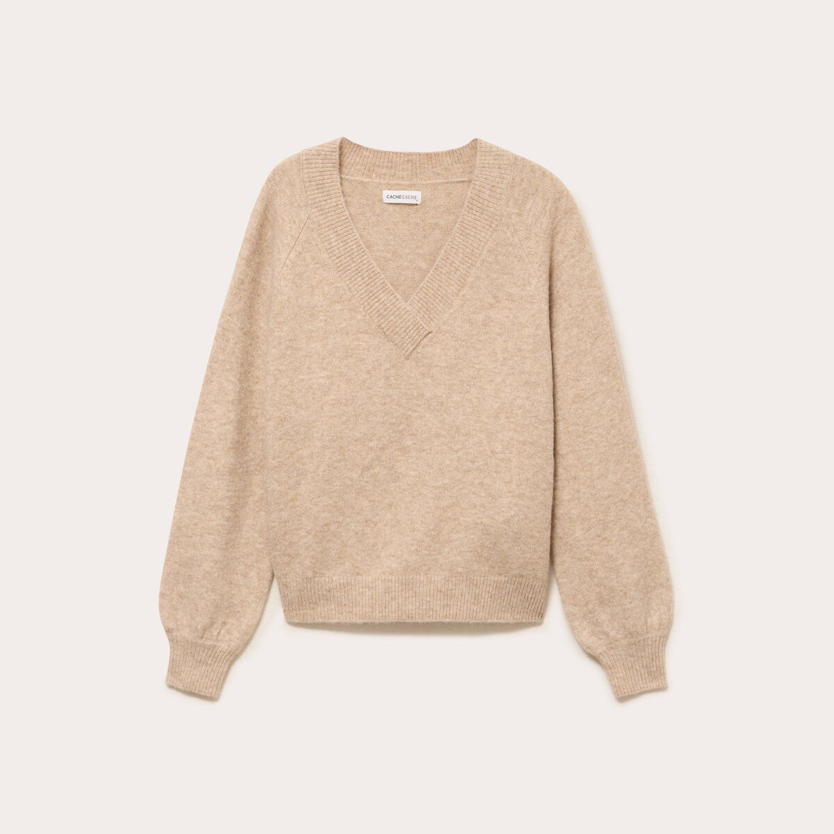 Pull col v manches longues beige femme