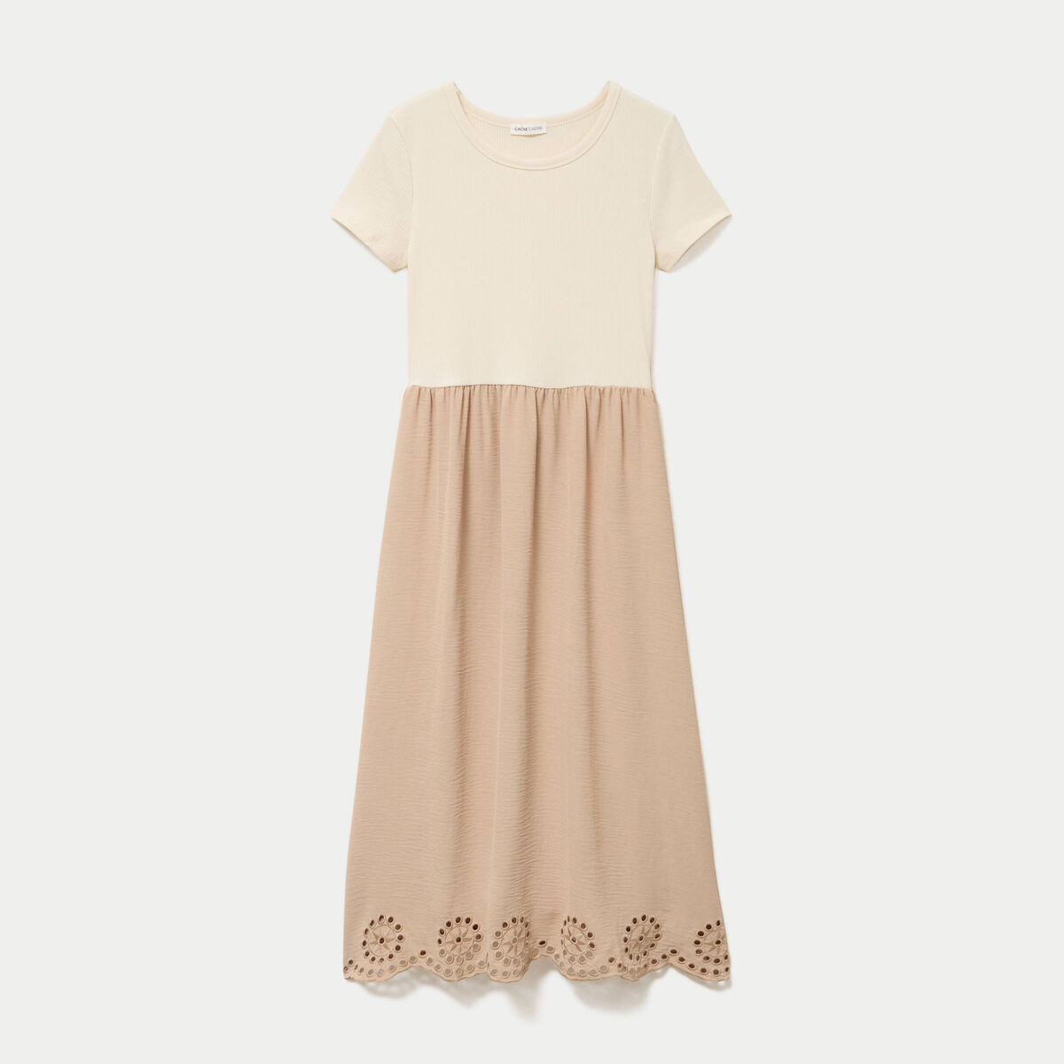 Robe longue &eacute;vas&eacute;e bi-mati&egrave;re brod&eacute;e sable femme