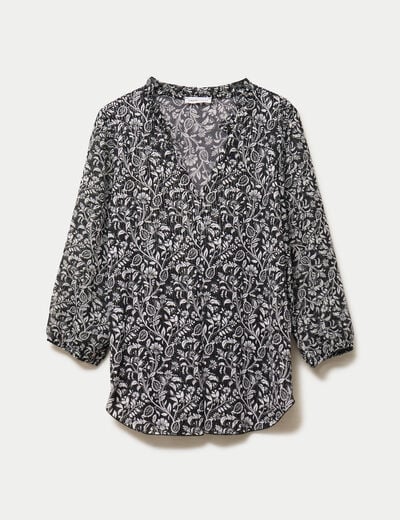 Blouse col v manches 3/4 noir femme