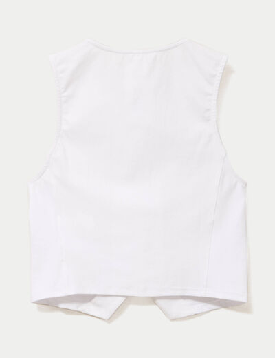 Gilet jean cintr&eacute; cropped sans manches blanc femme