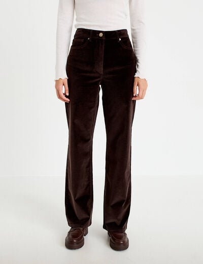Pantalon bootcut taille haute velours marron fonc&eacute; femme
