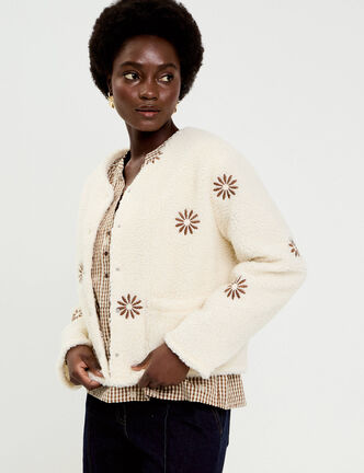 Gilet brod&eacute; effet polaire blanc femme