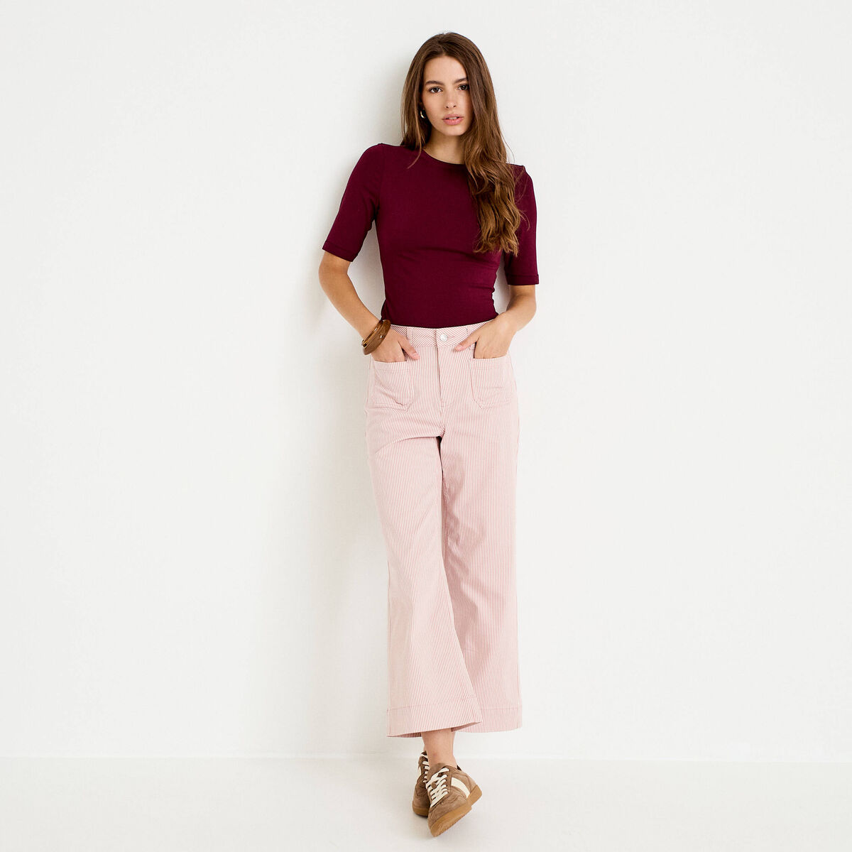Jean flare cropped taille haute rose nude femme