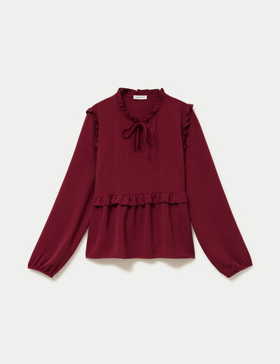 Blouse ample col montant manches longues rouge fonc&eacute; femme