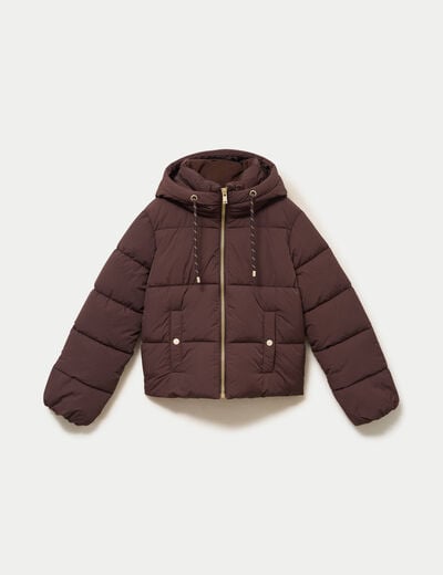 Doudoune droite cropped &agrave; capuche marron fonc&eacute; femme
