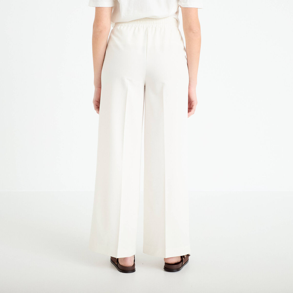 Pantalon large taille &eacute;lastiqu&eacute;e ecru femme